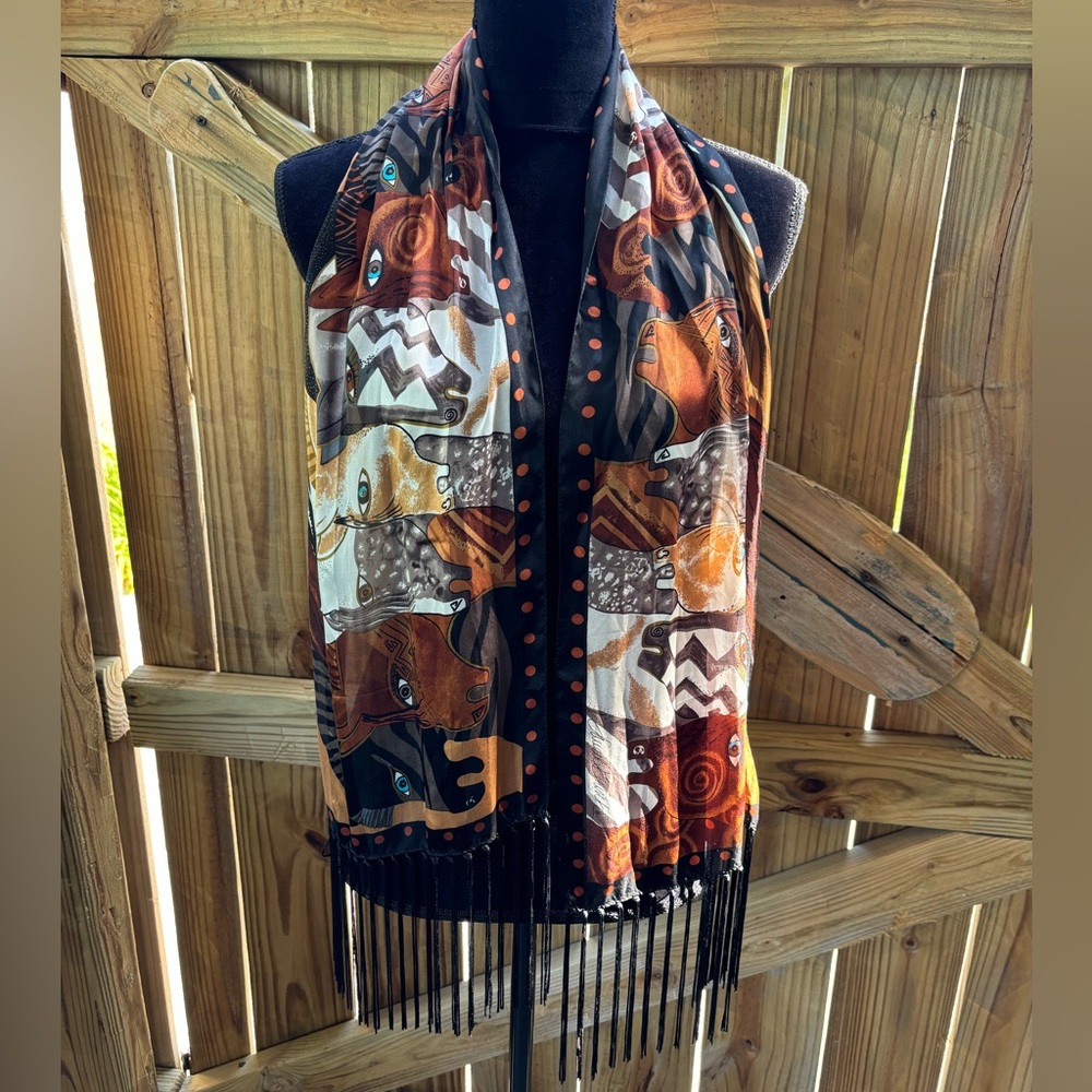 New Laurel Burch Moroccan Mares Brown Silk Art Fringed Scarf 53”L